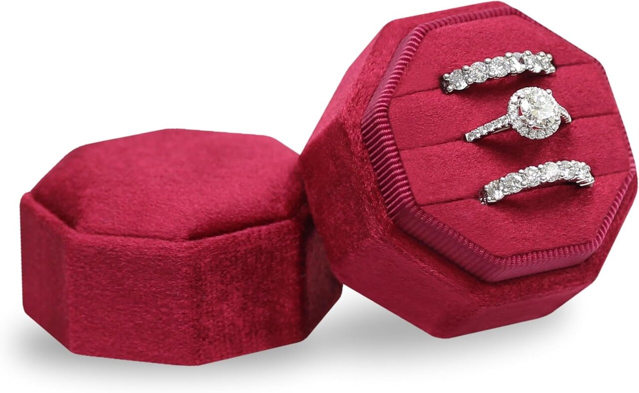 Velvet Ring Box with 3 Slots – Octagon Triple Ring Holder for Wedding, Engagement & Proposal Photos